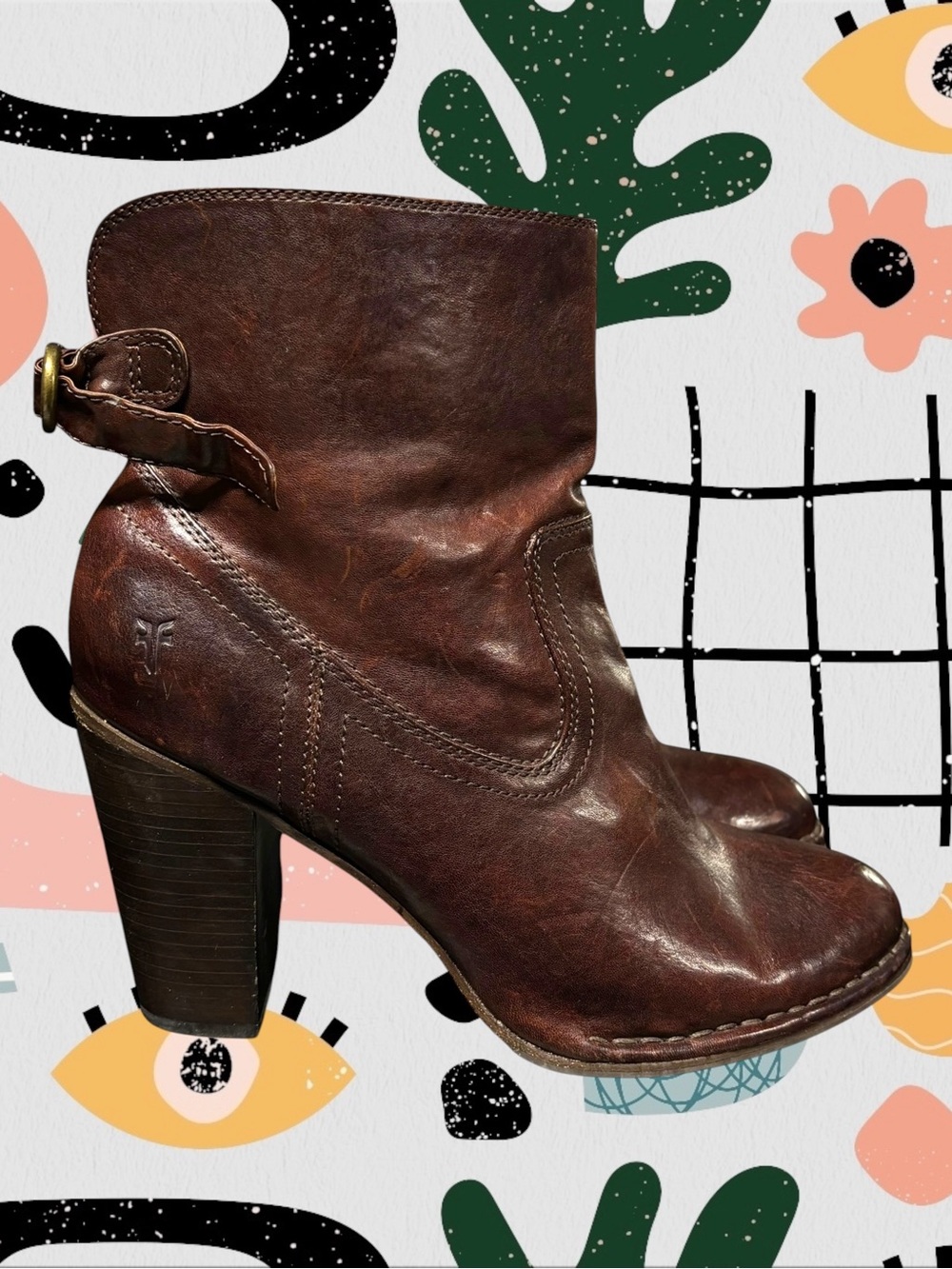 Frye | Lara Short Slouch Brown Genuine Leather Buckle Back Heeled Boots